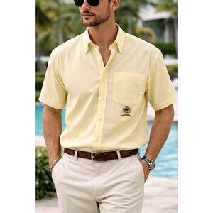Tommy Hilfiger Crest Logo Yellow Short Sleeve Button Down Shirt Men’s 16.5 32/33